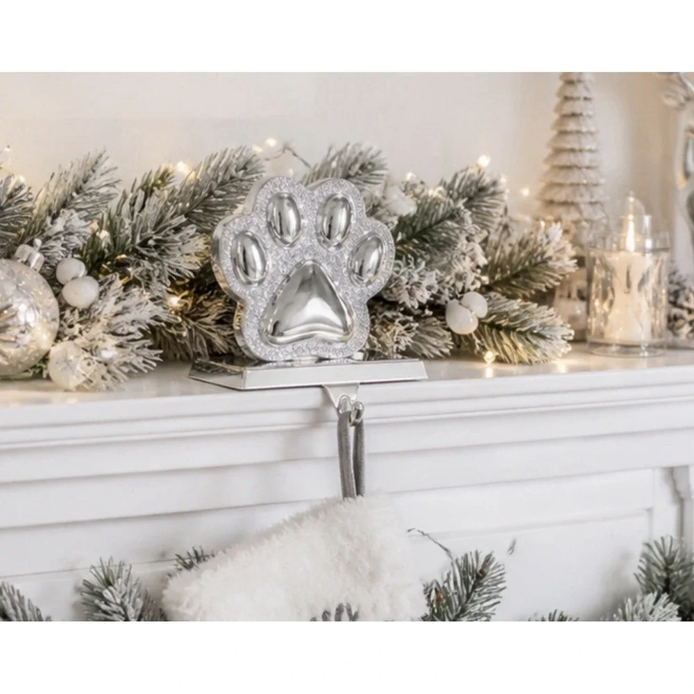 Pet Paw Stocking Holder Silver Xmas Holiday Hanger Dog/Cat